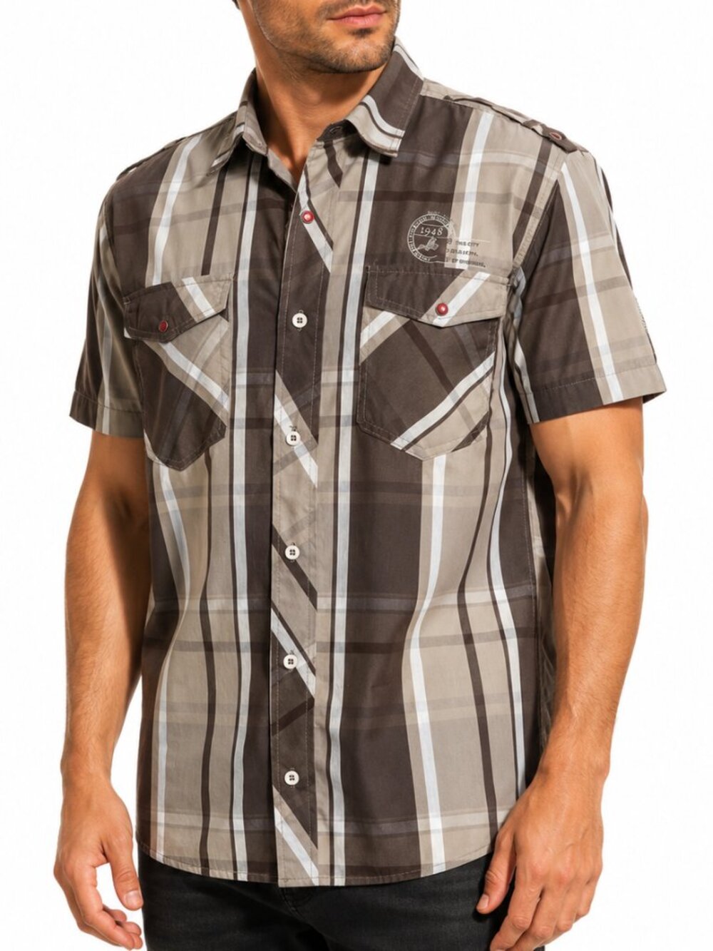 Raider Jean Co Cyber Grunge Plaid Short Sleeve Button Up Shirt Brown Size L